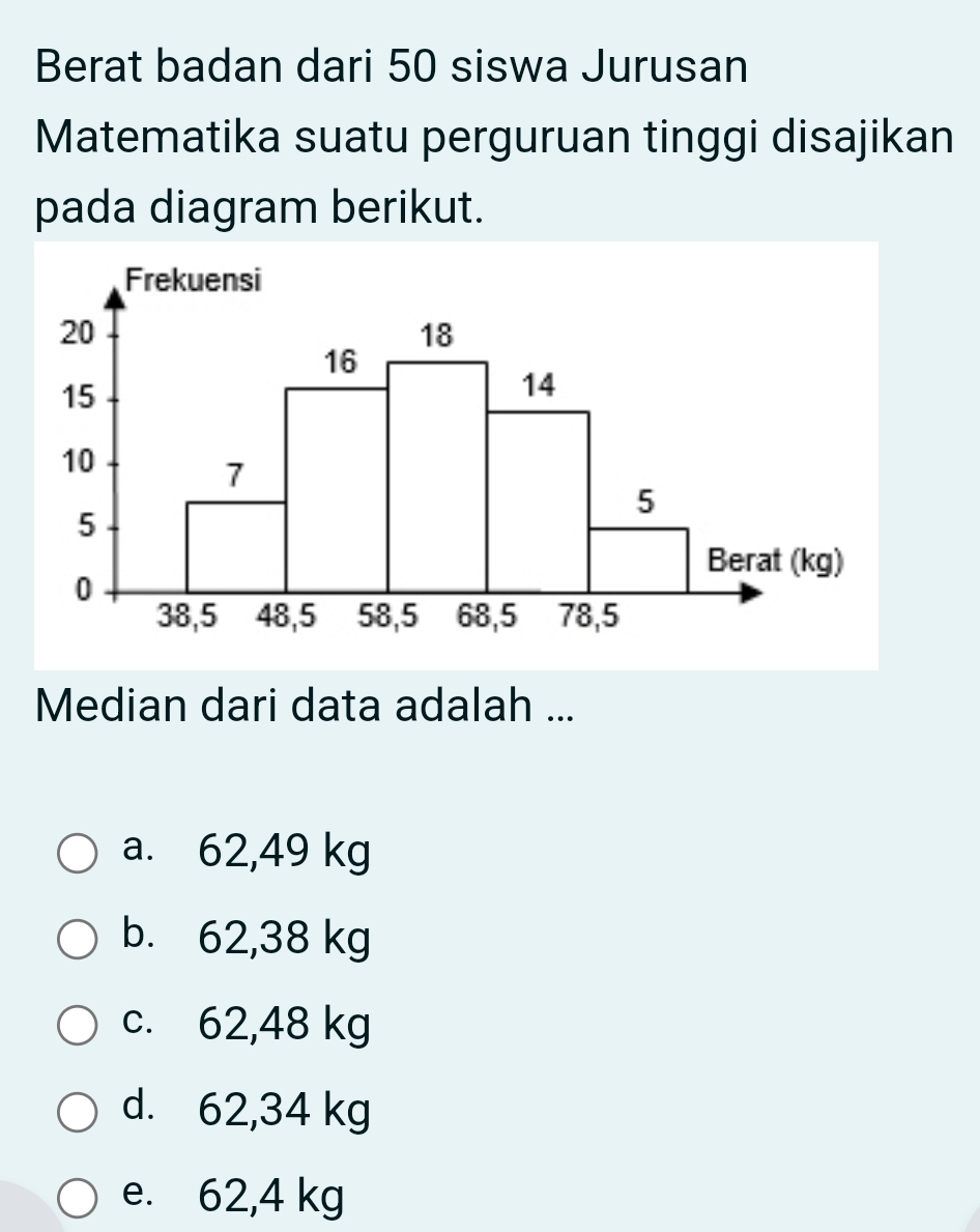 Berat badan dari 50 siswa Jurusan
Matematika suatu perguruan tinggi disajikan
pada diagram berikut.
Median dari data adalah ...
a. 62,49 kg
b. 62,38 kg
c. 62,48 kg
d. 62,34 kg
e. 62,4 kg