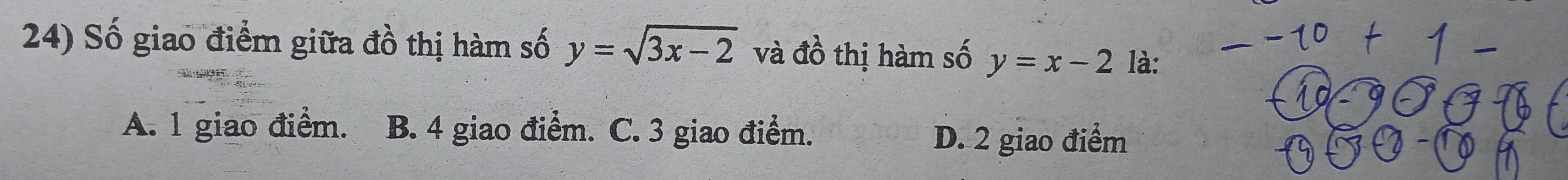 Số giao điểm giữa đồ thị hàm số y=sqrt(3x-2) và đồ thị hàm số y=x-2 là:
A. 1 giao điểm. B. 4 giao điểm. C. 3 giao điểm.
D. 2 giao điểm