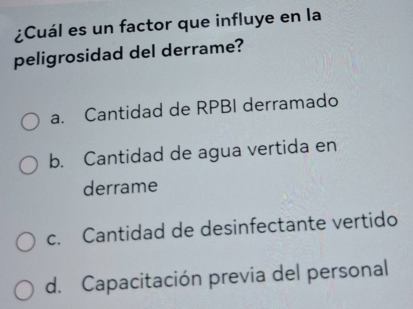 Resuelto:¿Cuál es un factor que influye en la peligrosidad del derrame ...