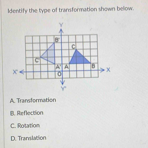 Identify the type of transformation shown below.
A. Transformation
B. Reflection
C. Rotation
D. Translation