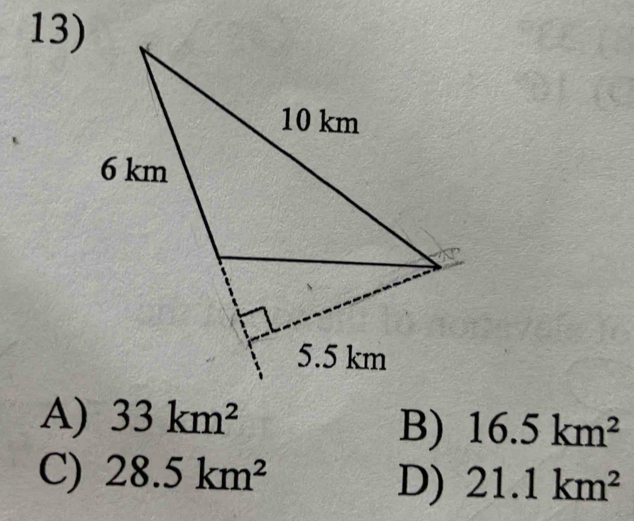 A) 33km^2
B) 16.5km^2
C) 28.5km^2
D) 21.1km^2