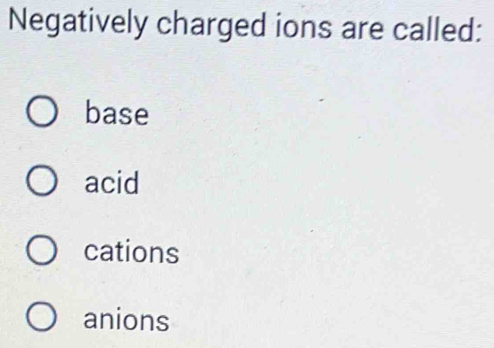 Negatively charged ions are called:
base
acid
cations
anions