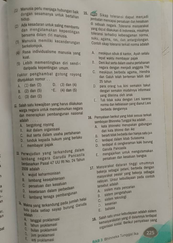 (1) Manusia perlu menjaga hubungan baik 15. HOTS Sikap toleransi dapat menjadi
dengan sesamanya untuk bertahan jembatan mencapai persatuan dan kesatuan
hidup.
di sebuah negara. Toleransi masyarakat
(2) Ada kesadaran untuk saling membantu yang dapat dilakukan di Indonesía, misalnya
dan mengutamakan kepentingan toleransi terhadap keberagaman norma,
bersama dalam diri manusia. suku, agama, ras, dan antargolongan.
(3) Manusia memiliki kecenderungan Contoh sikap toleransi terkait norma adalah
berkelompok.
(4) Rasa individualisme manusia yang A. meskipun sibuk di kantor, Ayah selalu
kuat. tepat waktu membayar pajak
(5) Lebih mementingkan diri sendiri B. Deni ikut serta dalam usaha pertahanan
daripada kepentingan umum. negara dengan menjadi anggota TNI
Faktor penghambat gotong royong C. meskipun berbeda agama, Hendra
dan Galuh telah berteman lebih dari
ditunjukkan nomor 25 tahun
A. (1) dan (2) D. (3) dan (4) D. para orang tua kini semakin takut
B. (2) dan (5) E. (4) dan (5) dengan semakin mudahnya informasi
C. (3) dan (2) yang diterima oleh anak
E. Tuti tidak suka dengan Leni karena
12. Salah satu kewajiban yang harus dilakukan norma dan kebiasaan yang dianut Leni
warga negara untuk memakmurkan negara berbeda dengannya
dan menerapkan pembangunan nasional
adalah 16. Pernyataan berikut yang tidak sesuai terkait
A. bergotong royong semboyan Bhinneka Tunggal Ika adalah . . . .
B. ikut dalam organisasi A. kata bhinneka merupakan gabungan
C. ikut serta dalam usaha pertahanan dari kata bhinna dan ik
D. tunduk kepada hukum yang berlaku B. berarti tidak berbeda dan hanya satu jua
C. terdapat dalam kitab Sutasoma
E. membayar pajak
D. terdapat di cengkeraman kaki burung
13. Perwujudan yang terkandung dalam Garuda Pancasila
lambang negara Garuda Pancasila E. mengajarkan untuk mengutamakan
berdasarkan Pasal 47 UU RI No. 24 Tahun persatuan dan kesatuan bangsa
2009 adalah . . . .
17. Masyarakat dataran tinggi umumnya
A. wujud keharmonisan
bekerja sebagai petani, berbeda dengan
B. lambang kesejahteraan masyarakat pesisir yang bekerja sebagai
a C. persatuan dan kesatuan nelayan. Unsur kebudayaan pada contoh
tersebut adalah
A. sistem mata pencarian
u D. kesetaraan dalam perbedaan
B. sistem pengetahuan
1º E. lambang tenaga pembangunan
an
14. Makna yang terkandung pada jumlah helai C. sistem teknologi
ar,
bulu pada setiap sayap burung Garuda D. kesenian
E. bahasa
18. Salah satu unsur kebudayaan adalah sistem
an adalah .·
kemasyarakatan yang di dalamnya terdapat
A. tanggal proklamasi
organisasi sosial. Berikut pernyataan yang
B. tahun proklamasi
bat C. bulan proklamasi
D. jam proklamasi
E arti proklamasi
BAB 3 Bhinneka Tunggal Ika 225