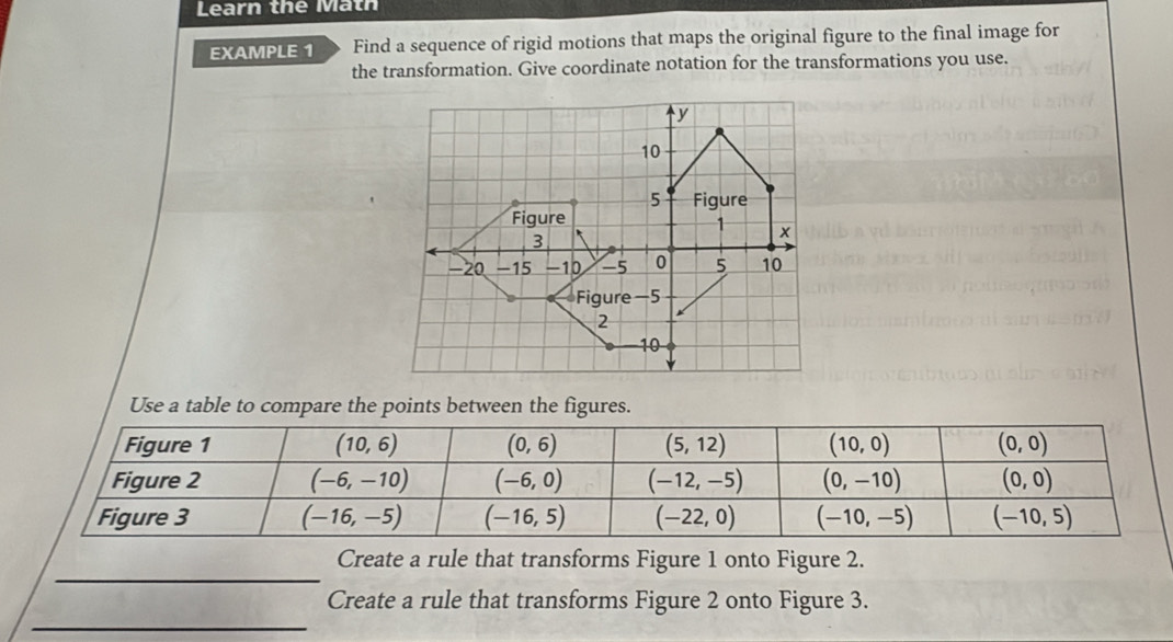 Learn the Math
EXAMPLE 1 Find a sequence of rigid motions that maps the original figure to the final image for
the transformation. Give coordinate notation for the transformations you use.
Use a table to compare the points between the figures.
_
Create a rule that transforms Figure 1 onto Figure 2.
_
Create a rule that transforms Figure 2 onto Figure 3.