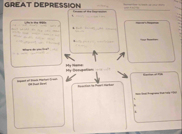 GREAT DEPRESSION Remember to back up your story 
with FACTSI _ 
Causes of the Depression
0 . 4
Life in the 1920s Hoover's Responae: 
2. 
3. Your Reoctions 
Where do you live? 
My Name: 
My Occupation: h 
Election of FDR 
Impact of Stock Market Crash 
OR Dust Bowl 
Reaction to Pearl Harbor 
New Deal Programs that help YOU! 
t 
2. 
3.