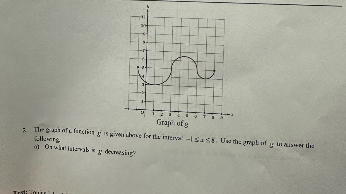 y
2. The graph of a function g is given above for the interval -1≤ x≤ 8. Use the graph of g to answer the 
following. 
a) On what intervals is g decreasing?