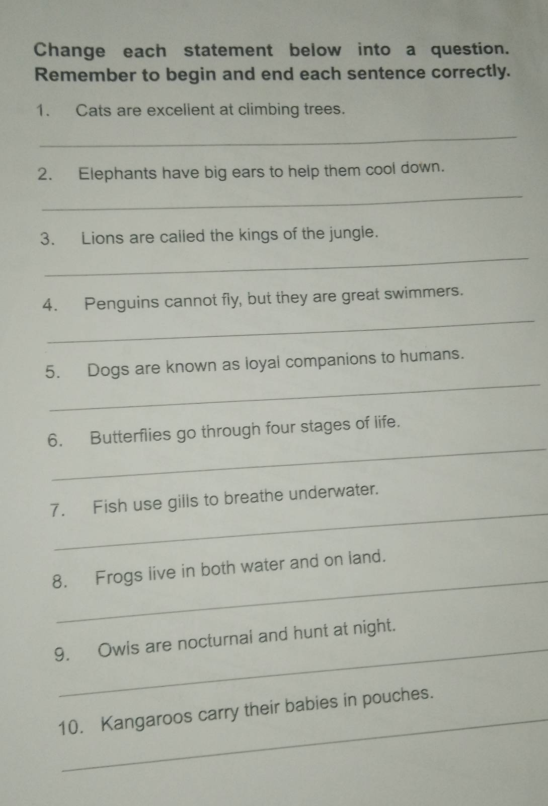 Change each statement below into a question. 
Remember to begin and end each sentence correctly. 
1. Cats are excellent at climbing trees. 
_ 
2. Elephants have big ears to help them cool down. 
_ 
3. Lions are called the kings of the jungle. 
_ 
_ 
4. Penguins cannot fly, but they are great swimmers. 
_ 
5. Dogs are known as loyal companions to humans. 
_ 
6. Butterflies go through four stages of life. 
_ 
7. Fish use gills to breathe underwater. 
_ 
8. Frogs live in both water and on land. 
_ 
9. Owls are nocturnal and hunt at night. 
_ 
10. Kangaroos carry their babies in pouches.