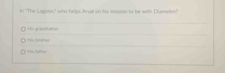In "The Lagoon," who helps Arsat on his mission to be with Diamelen?
His grandfather
His brother
His father