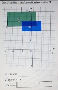 Describe the transformation from A to B. 
It is a/an □ 
scale factor 0...................................................................................................................................................................................................... ^ 
centre □