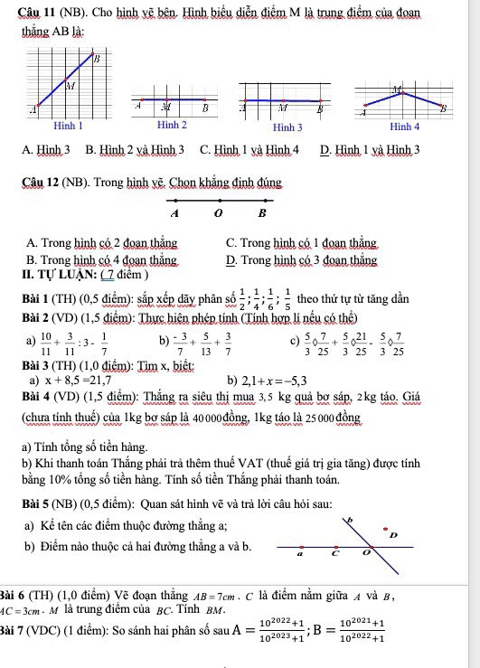 (NB). Cho hình vẽ bên. Hình biểu diễn điểm M là trung điểm của đoan
thắng AB là:
A M B M B
Hình 1 Hình 2 Hình 3 Hình 4
A. Hình 3 B. Hình 2 yà Hình 3 C. Hình 1 và Hình 4 D. Hình 1 yà Hình 3
Câu 12 (NB). Trong hình yẽ. Chọn khẳng định đúng
A 0 B
A. Trong hình có 2 đoạn thắng C. Trong hình có 1 đoan thẳng
B. Trong hình có 4 đoan thắng D. Trong hình có 3 đoạn thắng
II. Tự LUậN: ( 7 điểm )
Bài 1 (TH) (0,5 điểm): sắp xếp dãy phân số  1/2 ; 1/4 ; 1/6 ; 1/5  theo thứ tự từ tăng dần
Bài 2 (VD) (1,5 điểm): Thực hiện phép tính (Tính hợp lí nều có thể)
a)  10/11 + 3/11 :3- 1/7  b)  (-3)/7 + 5/13 + 3/7  c)  5/3 circ  7/25 + 5/3 circ  21/25 - 5/3 circ  7/25 
Bài 3 (TH) (1,0 điểm): Tìm x, biết:
a) x+8,5=21,7 b) 2,1+x=-5,3
Bài 4 (VD) (1,5 điểm): Thắng ra siêu thị mua 3,5 kg quả bơ sáp, 2kg táo. Giá
(chưa tính thuế) của 1kg bơ sáp là 40 000đồng, 1kg táo là 25 000 đồng
a) Tính tổng số tiền hàng.
b) Khi thanh toán Thắng phải trả thêm thuế VAT (thuế giá trị gia tăng) được tính
bằng 10% tổng số tiền hàng. Tính số tiền Thắng phải thanh toán.
Bài 5 (NB) (0,5 điểm): Quan sát hình vẽ và trả lời câu hỏi sau:
a) Kể tên các điểm thuộc đường thẳng a;
b) Điểm nào thuộc cả hai đường thắng a và b.
Bài 6 (TH) (1,0 điểm) Vẽ đoạn thẳng AB=7cm.  C là điểm nằm giữa A và B,
4C=3cm.  M là trung điểm của BC. Tỉnh BM.
Bài 7 (VDC) (1 điểm): So sánh hai phân số sau A= (10^(2022)+1)/10^(2023)+1 ;B= (10^(2021)+1)/10^(2022)+1 