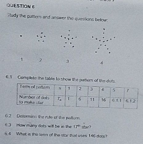 Study the pattern and answer the questions below:
.
1 2 3 4
6.1 Complete the table to show the pattern of the dots.
6.2 Determina the rule of the pattern.
6.3 How many dots will be in the 17^(th) star?
6.4 What is the term of the star that uses 146 dots?