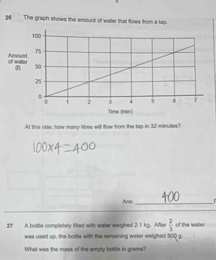 The graph shows the amount of water that flows from a tap. 
Amount 
of water 
At this rate, how many litres will flow from the tap in 32 minutes? 
Ans:_ 
P 
27 A bottle completely filled with water weighed 2.1 kg. After  2/3  of the water 
was used up, the bottle with the remaining water weighed 800 g. 
What was the mass of the empty bottle in grams?