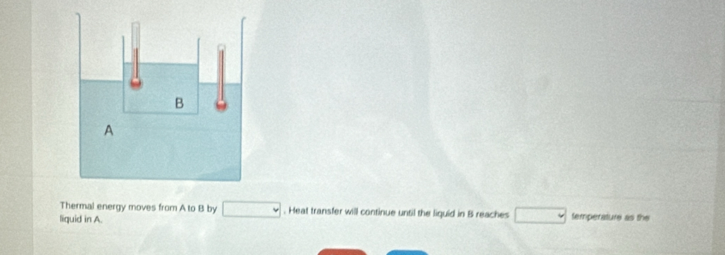 Thermal energy moves from A to B by □. Heat transfer will continue until the liquid in B reaches □ temperature as the 
liquid in A.