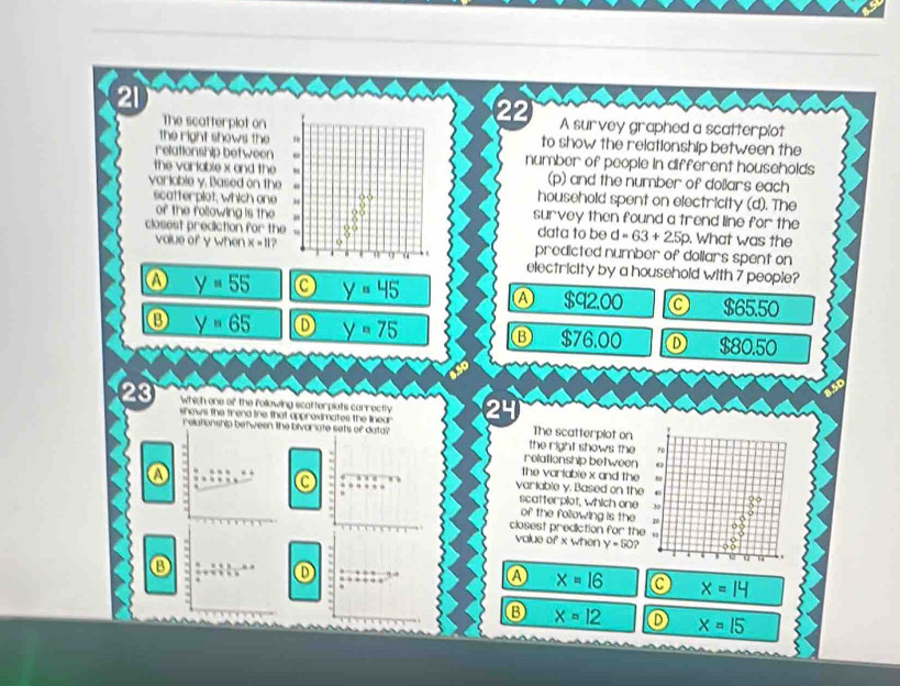 21
22
The scatterplot onA survey graphed a scatterplot
the right shows the to show the relationship between the
relationship between number of people in different households
the varlable x and the(p) and the number of dollars each
varlable y. Based on thehousehold spent on electricity (d). The
scatterplot, which one 
of the following is the survey then found a trend line for the
closest prediction for the data to be d=63+2.5p. What was the
value of y when x=11 predicted number of dollars spent on
electricity by a household with 7 people?
a y=55 y=45 A $92,00 0 $65.50
⑬ y=65 y=75 Ⓑ $76.00 o $80.50
23 which one of the following scatterplats correctly
snows the trend line that approximates the linear The scatterplot on
Pelationship between the bivariate sets of data? the right shows the
relationship between
a
C
the variable x and the
variable y. Based on the
scatterplot, which one of the following is the 
closest prediction for the
value of x when y=50
⑬
. D
A x=16 C x=14
x=12 ① x=15