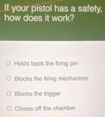 If your pistol has a safety,
how does it work?
Holds back the firing pin
Blocks the firing mechanism
Blocks the trigger
Closes off the chamber