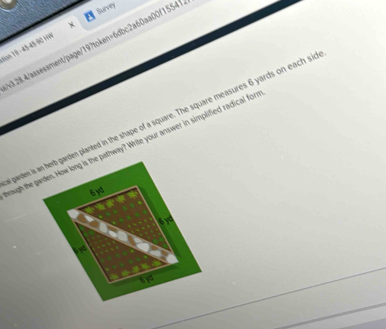 a Survey 
/assssment/page/19?token=6dbc2a60aa00f15541 
tion 19 - 45-45-90 HW × 
garden is an herb garden planted in the shape of a square. The square measures 6 yards on each sic 
rough the garden. How long is the pathway? Write your answer in simplified radical for