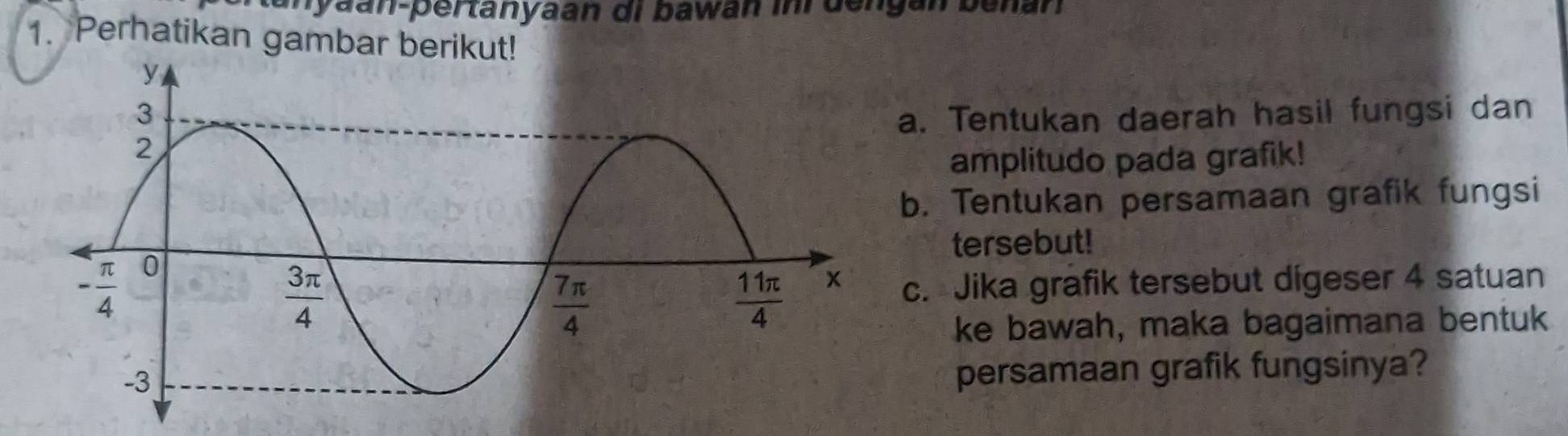 Myaan-pertanyaan di bawan in dengán benan
1. Perhatikan gambar berikut!
a. Tentukan daerah hasil fungsi dan
amplitudo pada grafik!
b. Tentukan persamaan grafik fungsi
tersebut!
c. Jika grafik tersebut digeser 4 satuan
ke bawah, maka bagaimana bentuk
persamaan grafik fungsinya?