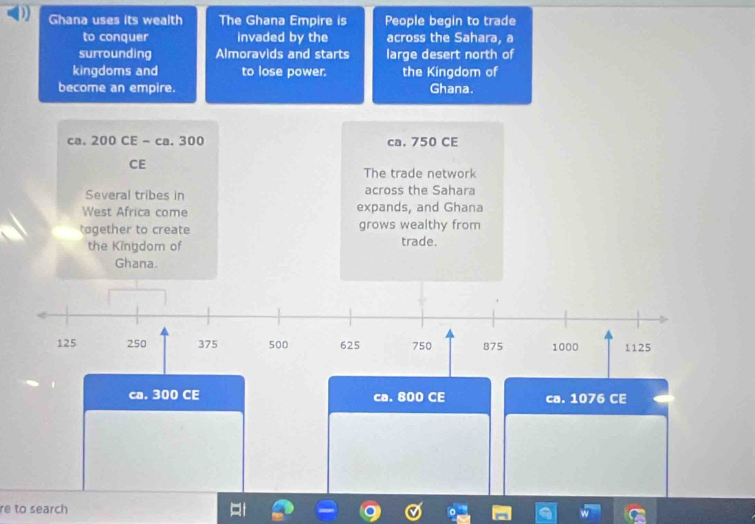 Ghana uses its wealth The Ghana Empire is People begin to trade
to conquer invaded by the across the Sahara, a
surrounding Almoravids and starts large desert north of
kingdoms and to lose power. the Kingdom of
become an empire. Ghana.
ca. 200 CE - ca. 300 ca. 750 CE
CE
The trade network
Several tribes in across the Sahara
West Africa come expands, and Ghana
together to create grows wealthy from
the Kingdom of trade.
Ghana.
125 250 375 500 625 750 875 1000 1125
ca. 300 CE ca. 800 CE ca. 1076 CE
re to search