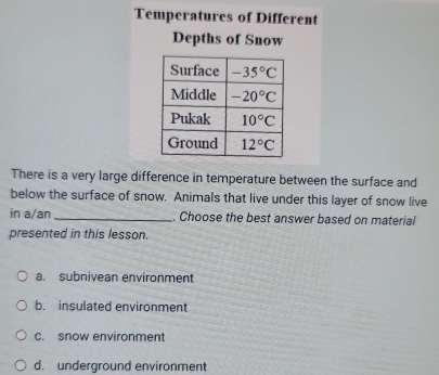 Temperatures of Different
Depths of Snow
There is a very large difference in temperature between the surface and
below the surface of snow. Animals that live under this layer of snow live
in a/an_ . Choose the best answer based on material
presented in this lesson.
a. subnivean environment
b. insulated environment
c. snow environment
d. underground environment