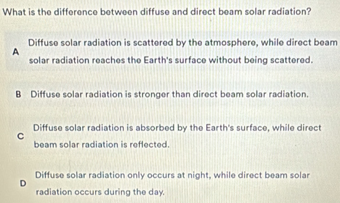 Solved: What is the difference between diffuse and direct beam solar ...