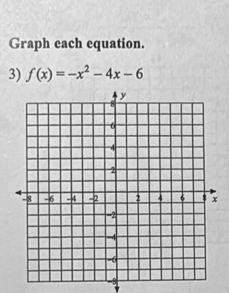 Graph each equation. 
3) f(x)=-x^2-4x-6