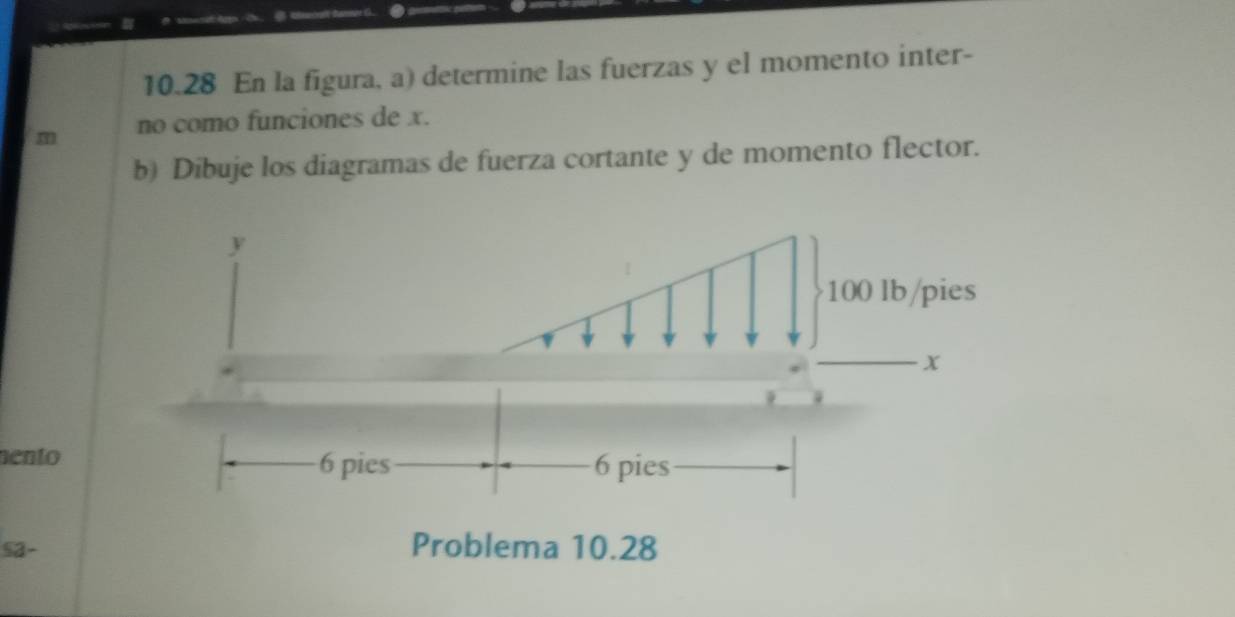 10.28 En la figura, a) determine las fuerzas y el momento inter- 
m no como funciones de x. 
b) Dibuje los diagramas de fuerza cortante y de momento flector. 
ento 
sa- Problema 10.28