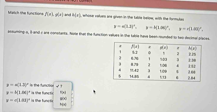 NOT cofrect.
Match the functions f(x),g(x) and h(x) , whose values are given in the table below, with the formulas
y=a(1.3)^x, y=b(1.06)^x, y=c(1.03)^x,
assuming α, b and c are constants. Note that the function values in the table have been rounded to two decimal places.
y=a(1.3)^x is the functior sqrt() ?
y=b(1.06)^x is the functic f(x)
y=c(1.03)^x is the functic g(x)
h(x)