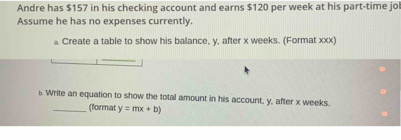 Andre has $157 in his checking account and earns $120 per week at his part-time jol 
Assume he has no expenses currently. 
a Create a table to show his balance, y, after x weeks. (Format xxx) 
b. Write an equation to show the total amount in his account, y, after x weeks. 
_(format y=mx+b)