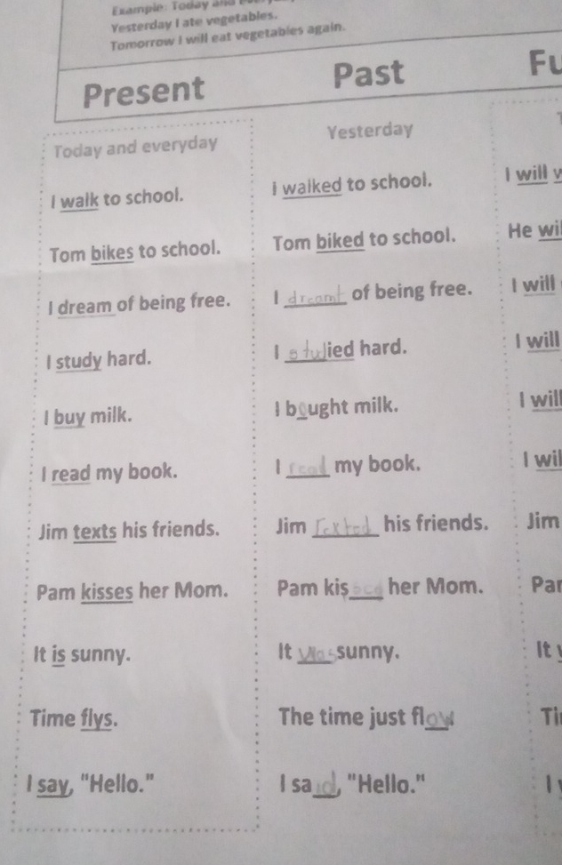 Yesterday I ate vegetables. 
Tomorrow I will eat vegetables again. 
Fu 
Present 
Past 
Today and everyday Yesterday 
I walk to school. I walked to school. I will y 
Tom bikes to school. Tom biked to school. He wil 
I dream of being free. | of being free. I will 
I study hard. |_ ied hard. I will 
I buy milk. I bought milk. I will 
1 
I read my book. _my book. I wil 
Jim texts his friends. Jim _his friends. Jim 
Pam kisses her Mom. Pam kiş_ her Mom. Par 
It 
It is sunny. _sunny. Ity 
Time flys. The time just fl_ Ti 
I say, "Hello." I sa "Hello." 1