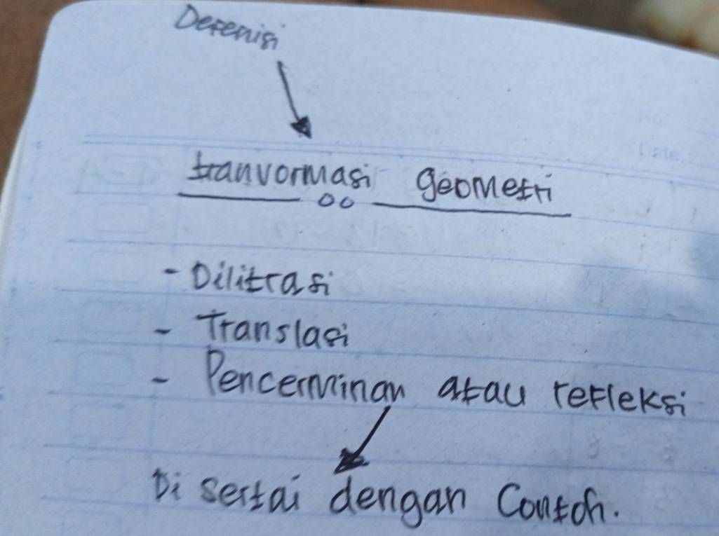 Detenis 
tranvormasi geomesri 
-Dilitras 
- Translasi 
- Pencerninan atau refleksi 
li sertai dengan Contoh.