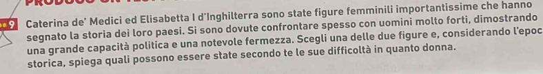 Caterina de’ Medici ed Elisabetta I d'Inghilterra sono state figure femminili importantissime che hanno 
segnato la storia dei loro paesi. Si sono dovute confrontare spesso con uomini molto forti, dimostrando 
una grande capacità politica e una notevole fermezza. Scegli una delle due figure e, considerando l’epoc 
storica, spiega quali possono essere state secondo te le sue difficoltà in quanto donna.