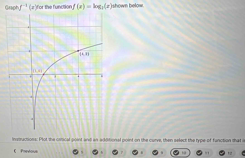 Graph f^(-1)(x) for the function f(x)=log _2(x) shown below.
Instructions: Plot the critical point and an additional point on the curve, then select the type of function that is
《 Previous 5 6 7 8 9 10 11 12