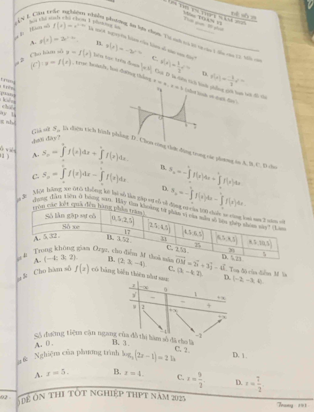 Un t  tn thpt năm 16
An l  c i
dề số 29
Mim TOAN 12
hoi thi sinh chi chou I phương an
Thời gian 1ố phát
phiều phương âu lựa chọn. Tị sinh trả li tử của 1 dễn của 22. Mề c
A. g(x)=2e^(1-2x).
g h Hăm số f(x)=e^(1-2x) là một nguyên hàm của hàm số nào sa đây
B. g(x)=-2x^(2/3) C. s(x)= 1/2 e^(-ln x)
a2:
Cho hàm số y=f(x) bên tạc trên đoạn |x,t| Goi D là diện tí g(x)= (-1)/2 e^x
D.
(C):y=f(x) , trục hoành, hai đường thắng về dưh đây)
trum
trên
quasy
* bội đồ thi
kiếng
chiếc
ay là
g nhà
dưới đãy?
Giả sử S_n là diện tích hình pg thức đồng trong các phưng án A. B. C. D ch
Ô việt
1 ) A. S_o=∈t f(x)dx+∈t f(x)dx.
B.
C. S_9=∈t f(x)dx-∈t f(x)dx S_n=-∈t f(x)dx+∈t f(x)dx
D. S_n=-∈tlimits _0^(af(x)dx-∈tlimits _a^af(x)dx
u 3: Một hãng xe ôtô thống kẽ lại số lần gặp sự c
dụng đầu tiên ở bằng san. Hã
vector OM)=2vector i+3vector j-4vector k. Toạ độ của diễm M là
C. (3;-4;2).
a 5: Cho hàm số f(x) có bảng biến thiên nh (-2,-3,4).
Số đường tiệm cận nga cho là
A. 0 .
B. 3 . C. 2. D. 1.
6: Nghiệm của phương trình log _3(2x-1)=21 là
B.
A. x=5. x=4. C. x= 9/2 . D. x= 7/2 .
02 .  Ô Để Ôn thI tốt nghiệp thPt năm 2025
Trang - 193 -