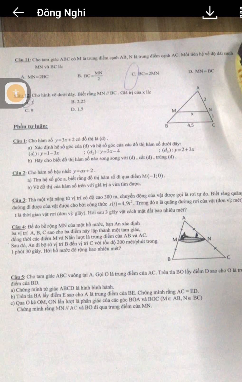 Đông Nghi
Câu LI: Cho tam giác ABC có M là trung điểm cạnh AB, N là trung điểm cạnh AC. Mối liên hệ về độ dài cạnh
MN và BC là:
C. BC=2MN
D. MN=BC
A. MN=2BC
B. BC= MN/2 
2: Cho hình vẽ dưới đây. Biết rằng MNparallel BC. Giá trị của x là:
B. 2,25
C. 9 D. 1,5 
Phần tự luân: 
Câu 1: Cho hàm số y=3x+2 có đồ thị là (d) 
a) Xác định hệ số góc của (d) và hệ số góc của các đồ thị hàm số dưới đây:
(d_1):y=1-3x : (d_2):y=3x-4; (d_3):y=2+3x
b) Hãy cho biết đồ thị hàm số nào song song với (d) , cin(d) , trùng (d) .
Câu 2: Cho hàm số bậc nhất y=ax+2.
a) Tìm hệ số góc a, biết rằng đồ thị hàm số đi qua điểm M(-1;0).
b) Vẽ đồ thị của hàm số trên với giá trị a vừa tìm được.
Câu 3: Thả một vật nặng từ vị trí có độ cao 300 m, chuyển động của vật được gọi là rơi tự do. Biết rằng quâng
đường đi được của vật được cho bởi công thức s(t)=4,9t^2. Trong đó s là quãng đường rơi của vật (đơn vị: mét)
t là thời gian vật rơi (dơn vị: giây). Hỏi sau 3 giây vật cách mặt đất bao nhiêu mét?
Câu 4: Để đo bề rộng MN của một hồ nước, bạn An xác định
ba vị trí A, B, C sao cho ba điểm này lập thành một tam giác,
đồng thời các điểm M và Nlần lượt là trung điểm của AB và AC.
Sau đó, An đi bộ từ vị trí B đến vị trí C với tốc độ 200 mét/phút trong
1 phút 30 giây. Hỏi hồ nước đó rộng bao nhiêu mét?
Câu 5: Cho tam giác ABC vuông tại A. Gọi O là trung điểm của AC. Trên tia BO lấy điểm D sao cho O là trị
điểm của BD.
a) Chứng minh tứ giác ABCD là hình bình hành.
b) Trên tia BA lấy điểm E sao cho A là trung điểm của BE. Chứng minh rằng AC=ED.
c) Qua O kẻ OM, ON lần lượt là phân giác của các góc BOA và BOC (M∈ AB, N∈ BC)
Chứng minh rằng MN // AC và BO đi qua trung điểm của MN.