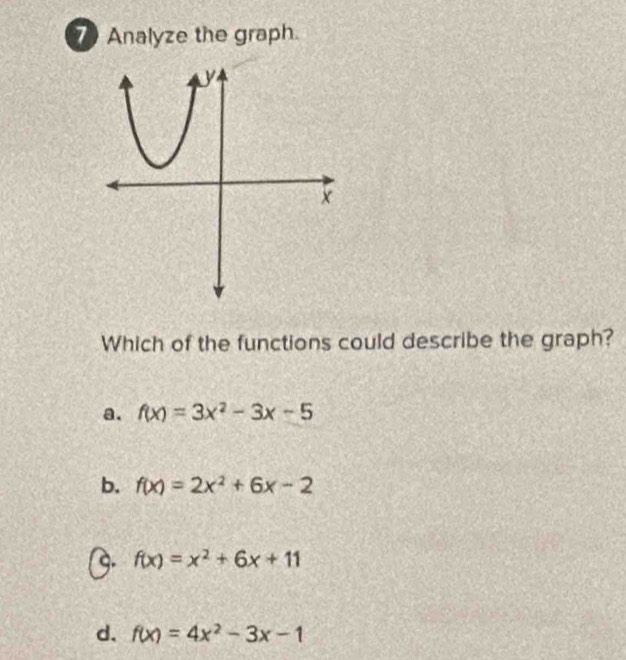 Analyze the graph.
Which of the functions could describe the graph?
a. f(x)=3x^2-3x-5
b. f(x)=2x^2+6x-2
9. f(x)=x^2+6x+11
d. f(x)=4x^2-3x-1