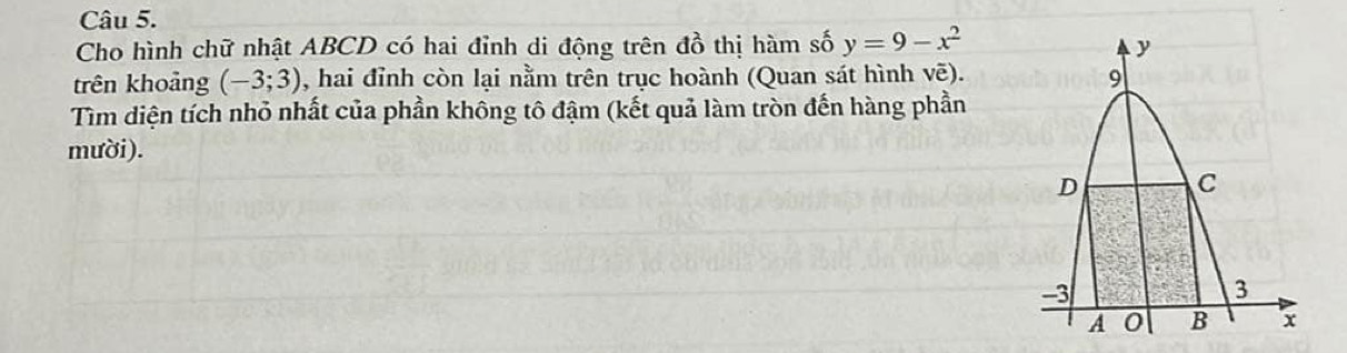 Cho hình chữ nhật ABCD có hai đỉnh di động trên đồ thị hàm số y=9-x^2
trên khoảng (-3;3) , hai đỉnh còn lại nằm trên trục hoành (Quan sát hình vẽ). 
Tìm diện tích nhỏ nhất của phần không tô đậm (kết quả làm tròn đến hàng phần 
mười).