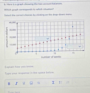 Here is a graph showing the two account balances. 
Which graph corresponds to which situation? 
Select the correct choices by clicking on the drop-down menu. 
Explain how you know. 
Type your response in the space below. 
B I U Σ : ;= . 
Tvne here