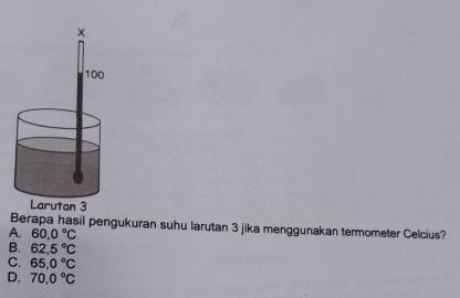 Berapa hasil pengukuran suhu larutan 3 jika menggunakan termometer Celcius?
A. 60,0°C
B. 62,5°C
C. 65.0°C
D. 70.0°C