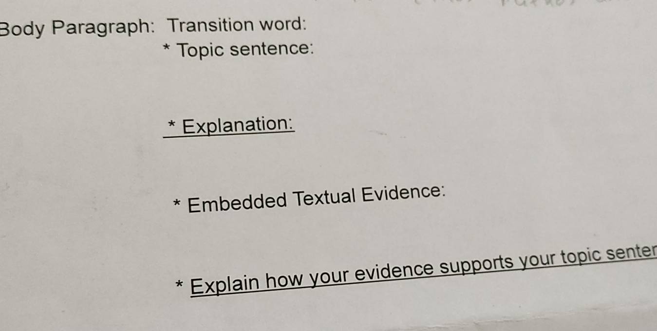 Body Paragraph: Transition word: 
* Topic sentence: 
* Explanation: 
* Embedded Textual Evidence: 
* Explain how your evidence supports your topic senter