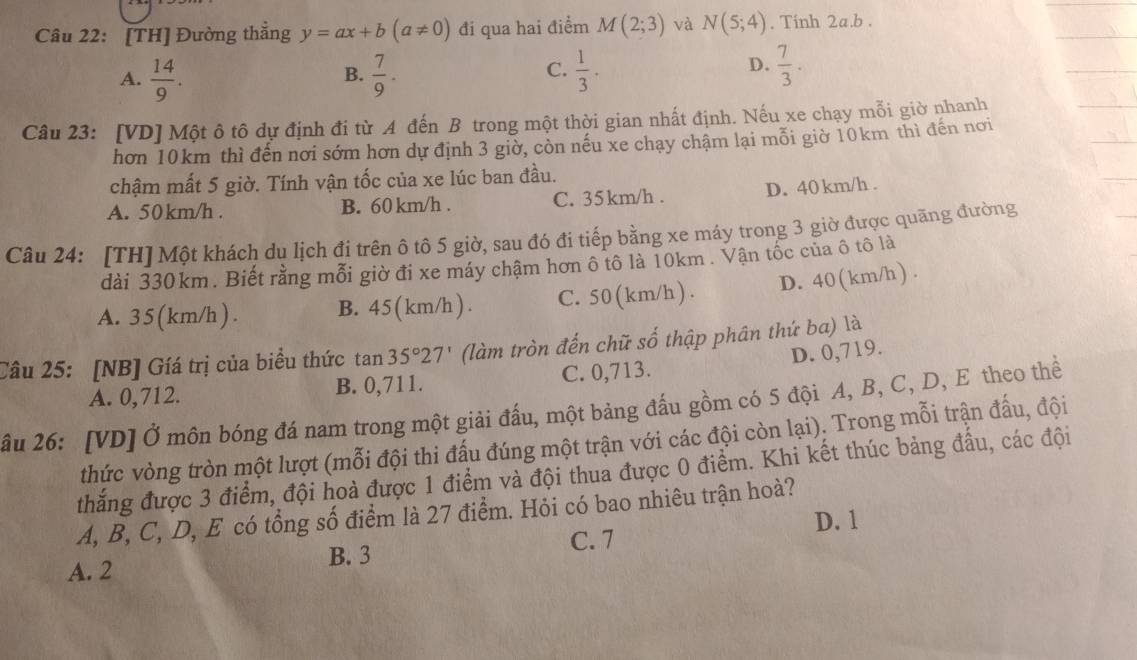 [TH] Đường thẳng y=ax+b(a!= 0) đi qua hai điểm M(2;3) và N(5;4). Tính 2a.b .
A.  14/9 .  7/9 .  1/3 ·  7/3 .
B.
C.
D.
Câu 23: [VD] Một ô tô dự định đi từ A đến B trong một thời gian nhất định. Nếu_xe chạy mỗi giờ nhanh
hơn 10km thì đến nơi sớm hơn dự định 3 giờ, còn nếu xe chạy chậm lại mỗi giờ 10km thì đến nơi
chậm mất 5 giờ. Tính vận tốc của xe lúc ban đầu.
A. 50km/h . B. 60 km/h . C. 35km/h . D. 40 km/h .
Câu 24: [TH] Một khách dụ lịch đi trên ô tô 5 giờ, sau đó đi tiếp bằng xe máy trong 3 giờ được quãng đường
dài 330km. Biết rằng mỗi giờ đi xe máy chậm hơn ô tô là 10km . Vận tốc của ô tô là
A. 35 (km/h ) . B. 45 (km/h ) . C. 50(km/h ). D. 40(km/h ) .
Câu 25: [NB] Gíá trị của biểu thức tan 35°27' (làm tròn đến chữ số thập phân thứ ba) là
D. 0,719.
A. 0,712. B. 0,711. C. 0,713.
ầu 26: [VD] Ở môn bóng đá nam trong một giải đấu, một bảng đấu gồm có 5 đội A, B, C, D, E theo thể
thức vòng tròn một lượt (mỗi đội thi đấu đúng một trận với các đội còn lại). Trong mỗi trận đấu, đội
thắng được 3 điểm, đội hoà được 1 điểm và đội thua được 0 điểm. Khi kết thúc bảng đầu, các đội
A, B, C, D, E có tổng số điểm là 27 điểm. Hỏi có bao nhiêu trận hoà?
D. 1
B. 3 C. 7
A. 2