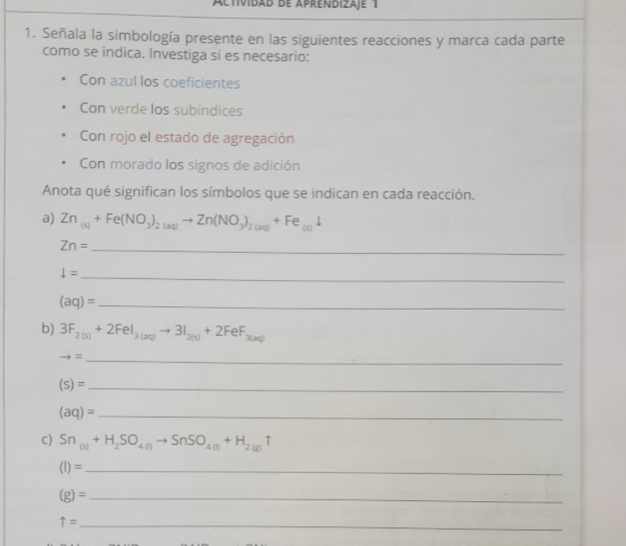 Actividad de Aprendizaje 1 
1. Señala la simbología presente en las siguientes reacciones y marca cada parte 
como se indica. Investiga si es necesario: 
Con azul los coeficientes 
Con verde los subíndices 
Con rojo el estado de agregación 
Con morado los signos de adición 
Anota qué significan los símbolos que se indican en cada reacción. 
a) Zn_(s)+Fe(NO_3)_2(aq)to Zn(NO_3)_2(aq)+Fe_(s)downarrow
_ Zn=
_ downarrow =
_ (aq)=
b) 3F_2(s)+2FeI_3(aq)to 3I_2(s)+2FeF_3(aq)
_ to =
(s)= _ 
_ (aq)=
C) Sn_(3)+H_2SO_4(l)to SnSO_4(l)+H_2(g)uparrow
_ (I)=
(g)= _ 
_ t=