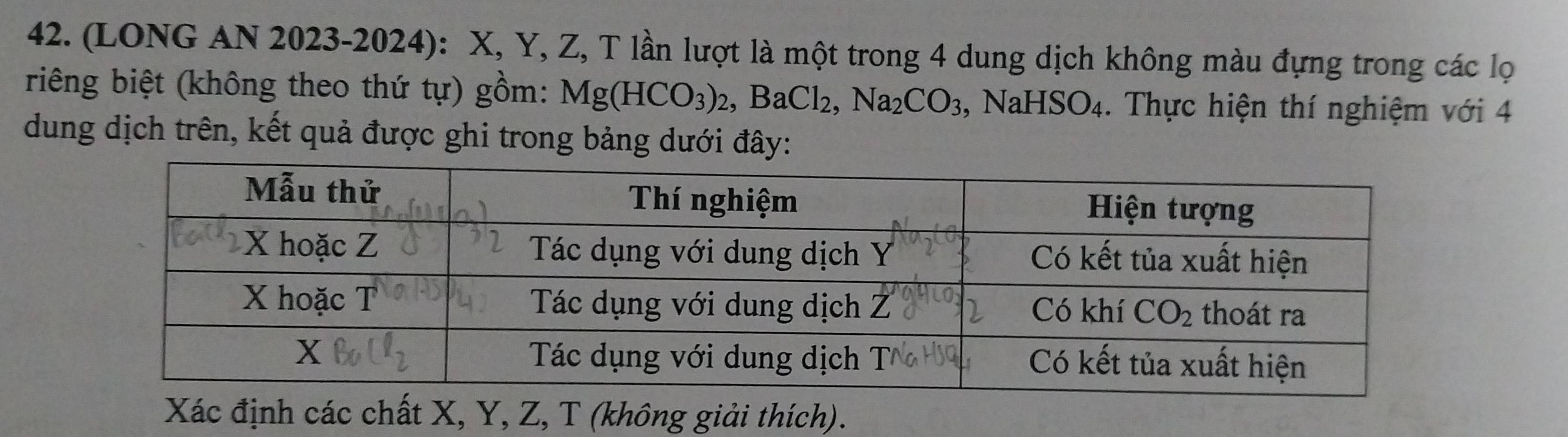 (LONG AN 2023-2024): X, Y, Z, T lần lượt là một trong 4 dung dịch không màu đựng trong các lọ
riêng biệt (không theo thứ tự) gồm: Mg(HCO_3)_2,BaCl_2,Na_2CO_3 ,NaHSO_4. Thực hiện thí nghiệm với 4
dung dịch trên, kết quả được ghi trong bảng dưới đây:
Xác định các chất X, Y, Z, T (không giải thích).