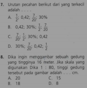 Urutan pecahan berikut dari yang terkecil
adalah . . . .
A.  1/2 ; 0, 42;  7/20 ; 30%
B. 0,42; 30%;  1/2 ;  7/20 
C.  7/20 ;  1/2 ; 30%; 0,42
D. 30%;  7/20 ; 0,42;  1/2 
8. Dika ingin menggambar sebuah gedung
yang tingginya 16 meter. Jika skala yang
digunakan Dika 1:80 , tinggi gedung
tersebut pada gambar adalah . . . cm.
A. 20 C. 15
B. 18 D. 8