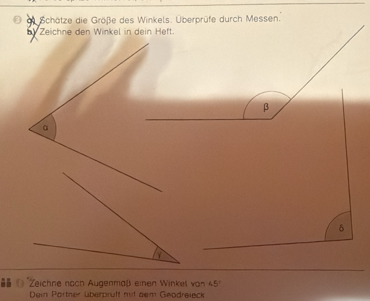 ) Schätze die Größe des Winkels. Überprüfe durch Messen.
β
δ
《》 Zeichne noch Augenmaß einen Winkel von 45°
Dein Partner überpruft mit dem Geodreieck