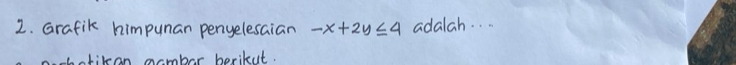 Grafik himpunan penyelesaian -x+2y≤ 4 adalah. . . 
botikan ncmbar berikut.