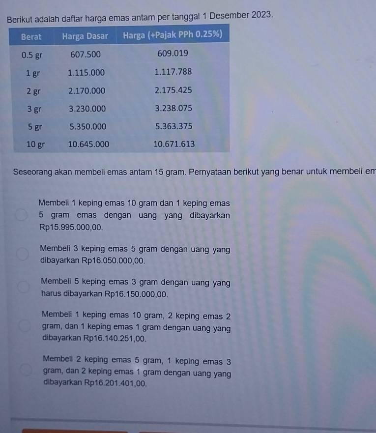 Berikut adalah daftar harga emas antam per tanggal 1 Desember 2023.
Seseorang akan membeli emas antam 15 gram. Pernyataan berikut yang benar untuk membeli em
Membeli 1 keping emas 10 gram dan 1 keping emas
5 gram emas dengan uang yang dibayarkan
Rp15.995.000,00.
Membeli 3 keping emas 5 gram dengan uang yang
dibayarkan Rp16.050.000,00.
Membeli 5 keping emas 3 gram dengan uang yan
harus dibayarkan Rp16.150.000,00.
Membeli 1 keping emas 10 gram, 2 keping emas 2
gram, dan 1 keping emas 1 gram dengan uang yang
dibayarkan Rp16.140.251,00.
Membeli 2 keping emas 5 gram, 1 keping emas 3
gram, dan 2 keping emas 1 gram dengan uang yang
dibayarkan Rp16.201.401,00.