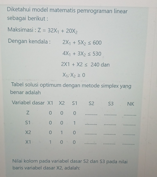 Diketahui model matematis pemrograman linear 
sebagai berikut : 
Maksimasi : Z=32X_1+20X_2
Dengan kendala : 2X_1+5X_2≤ 600
4X_1+3X_2≤ 530
2X1+X2≤ 240dan
X_1,X_2≥ 0
Tabel solusi optimum dengan metode simplex yang 
benar adalah 
Nilai kolom pada variabel dasar S2 dan S3 pada nilai 
baris variabel dasar X2, adalah: