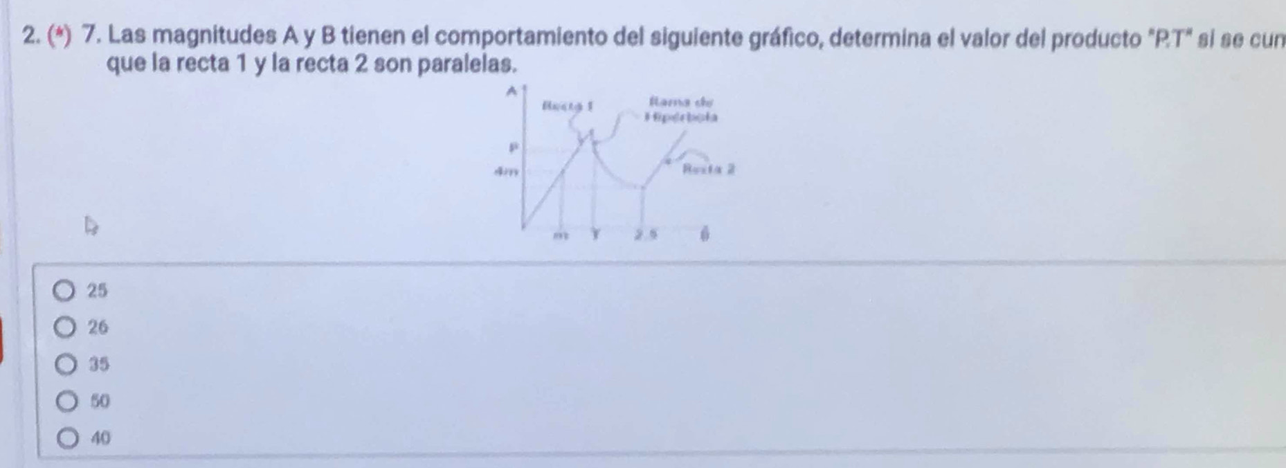 (*) 7. Las magnitudes A y B tienen el comportamiento del siguiente gráfico, determina el valor del producto "RT" si se cun
que la recta 1 y la recta 2 son paralelas.
25
26
35
50
40