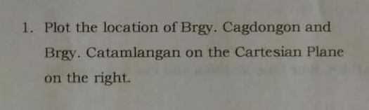 Plot the location of Brgy. Cagdongon and 
Brgy. Catamlangan on the Cartesian Plane 
on the right.