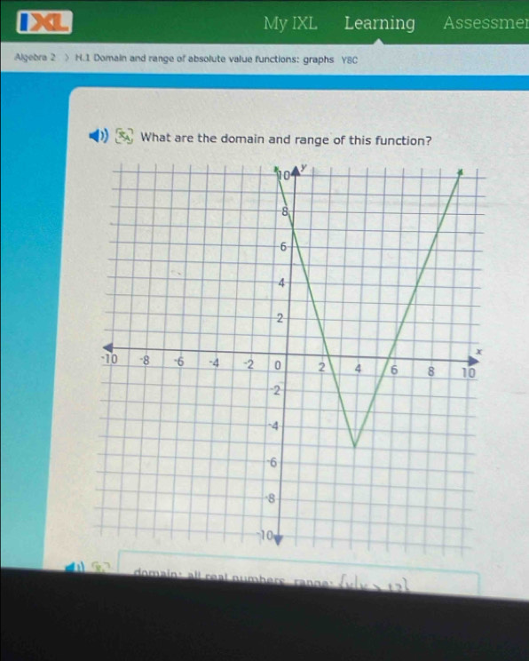 My IXL Learning 
、 a Assessmer 
Algebra 2 > H.1 Domain and range of absolute value functions: graphs Y8C 
) What are the domain and range of this function? 
5 domain: all real numbers ranne: